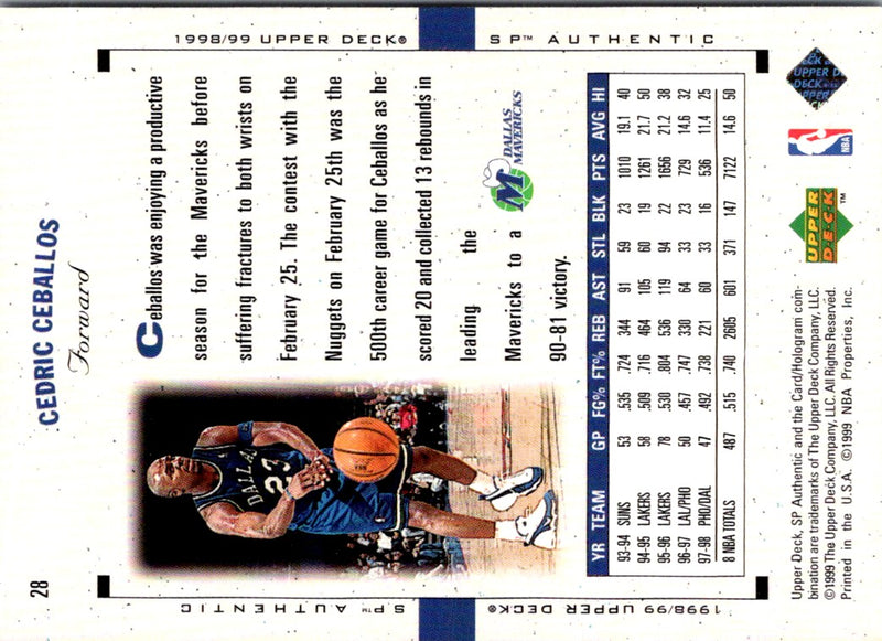 1998 SP Authentic Cedric Ceballos