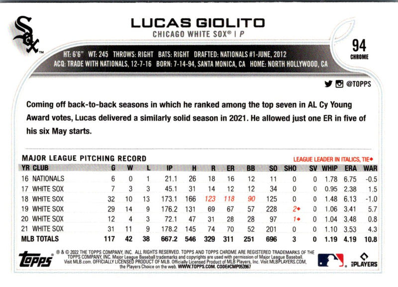 2022 Topps Chrome Sonic Black & White RayWave Lucas Giolito