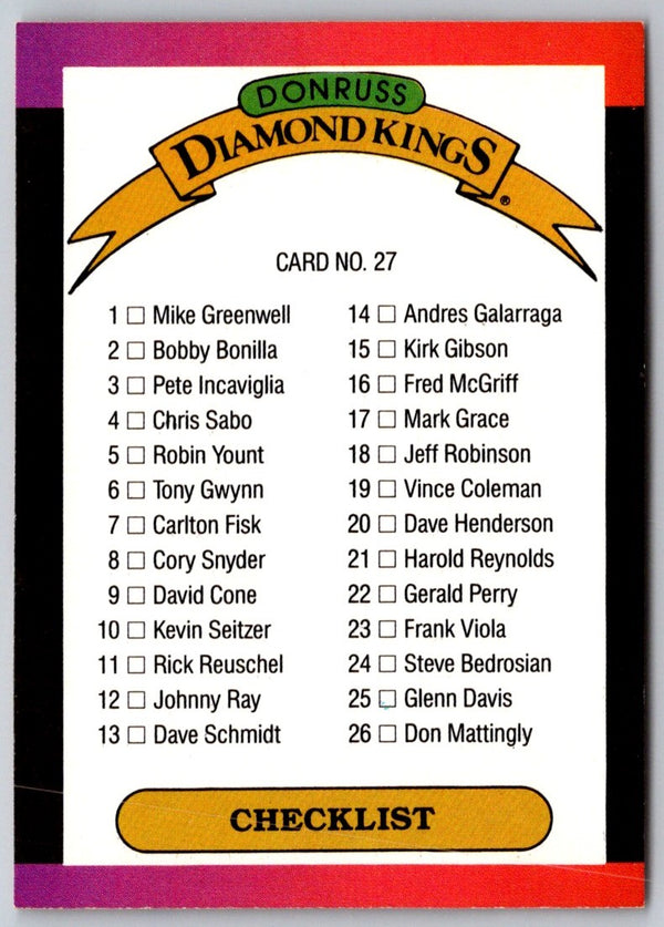 1989 Donruss Diamond Kings Checklist 1-26 #27