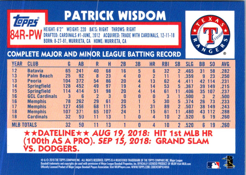 2019 Topps 1984 Baseball Rookies Patrick Wisdom