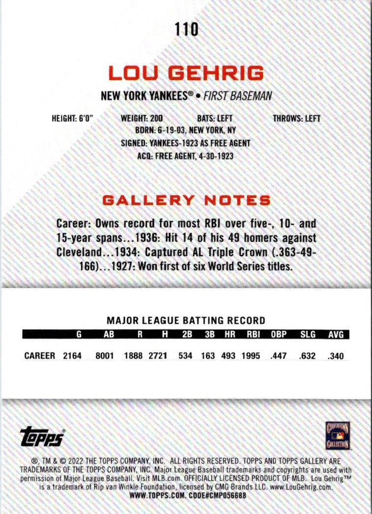 2022 Topps Gallery Lou Gehrig