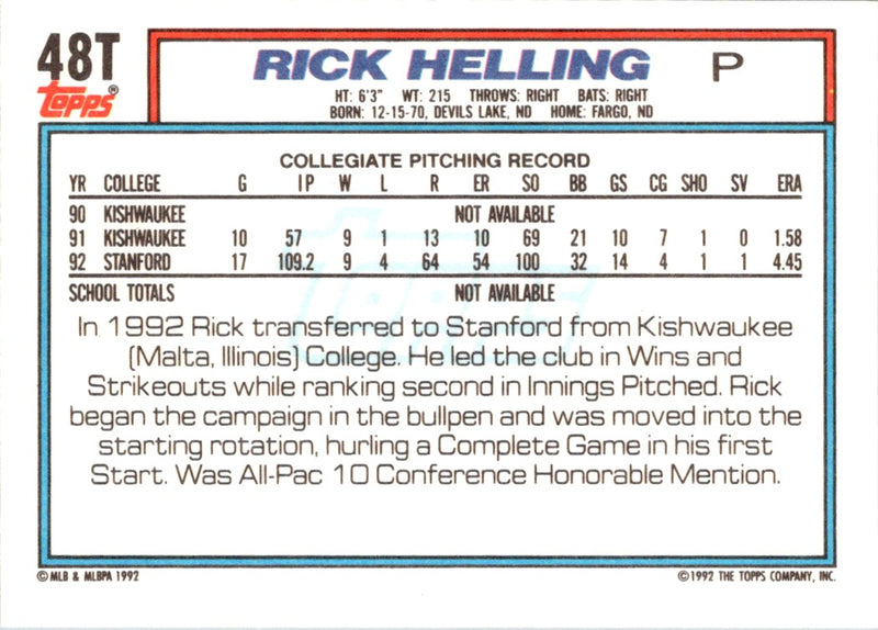 1992 Topps Traded Rick Helling