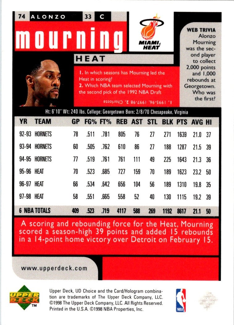1998 UD Choice Preview Alonzo Mourning