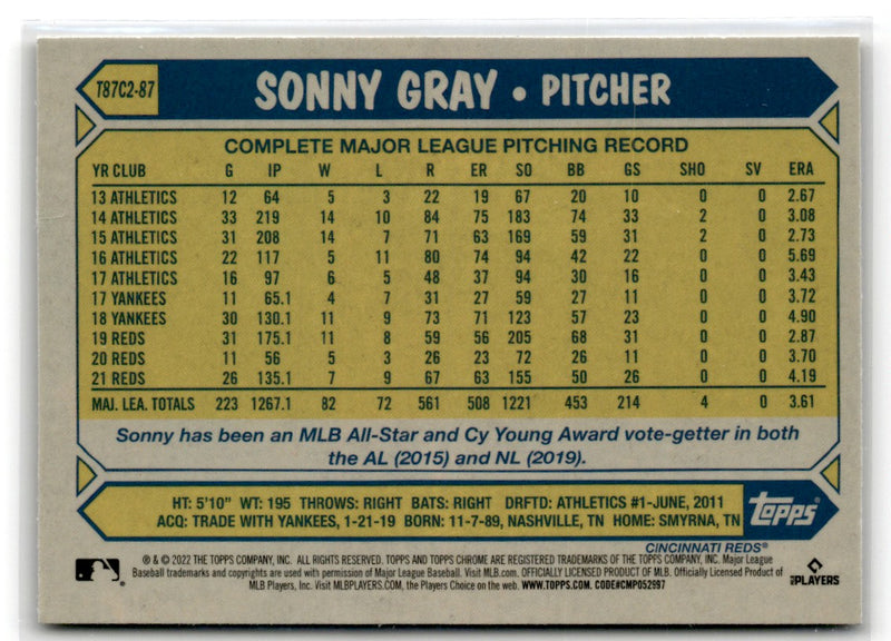 2022 Topps 1987 Baseball Chrome Sonny Gray