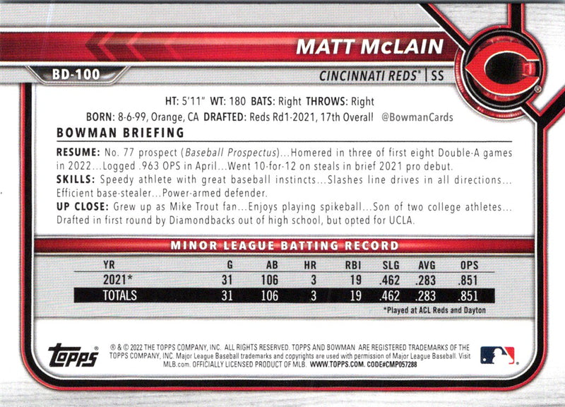 2022 Bowman Draft Baseball Matt McLain