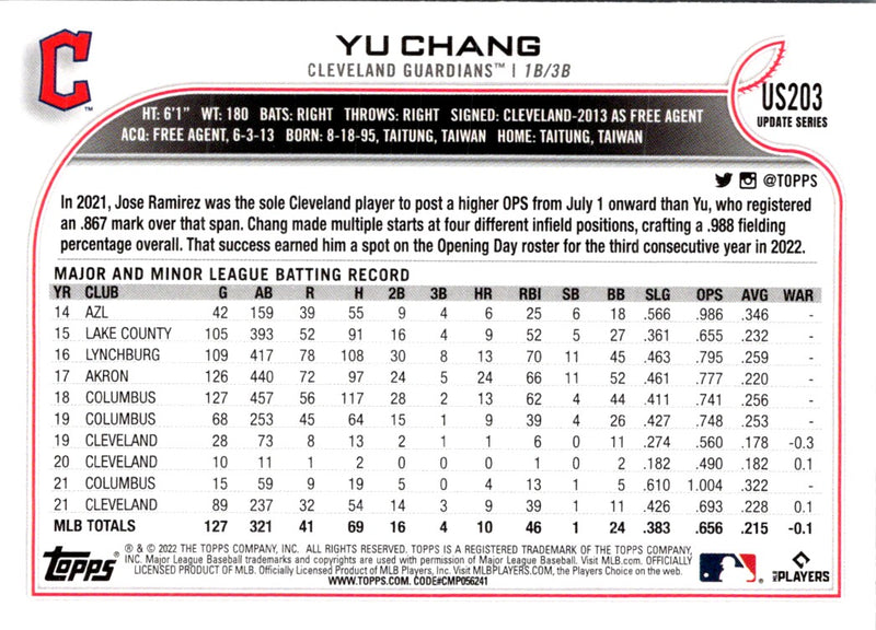 2022 Topps Update Yu Chang