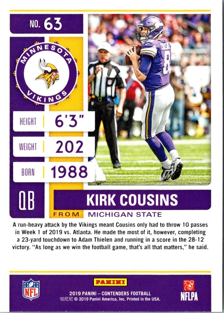 2019 Panini Contenders Kirk Cousins