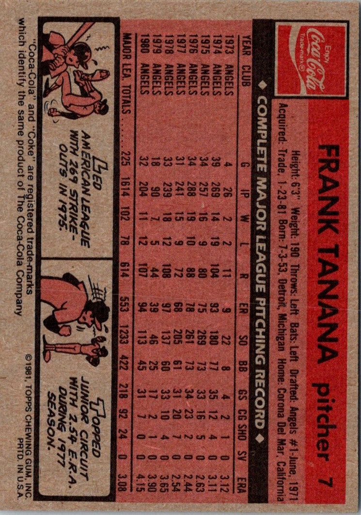 1981 Topps Coca-Cola Boston Red Sox Frank Tanana