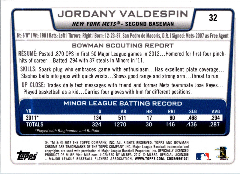 2012 Bowman Draft Picks & Prospects Chrome Jordany Valdespin