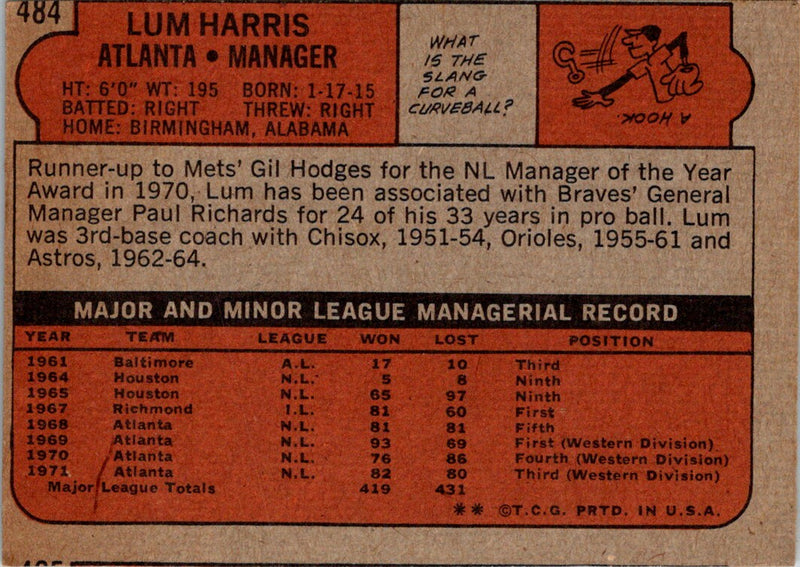 1972 Topps Lum Harris