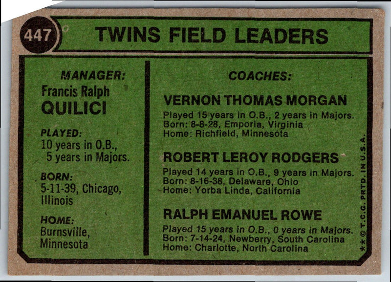 1974 Topps Frank Quilici/Ralph Rowe/Vern Morgan/Bob Rodgers