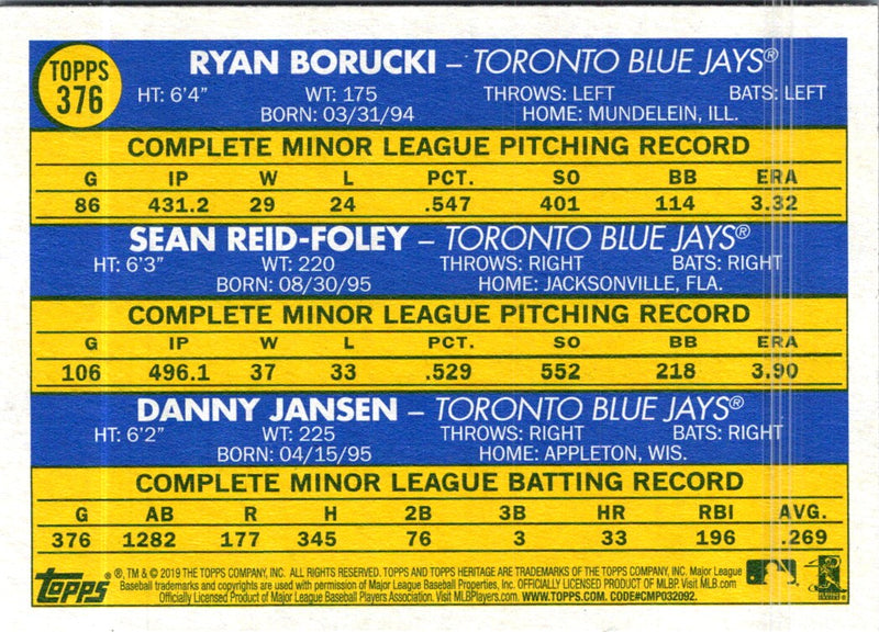 2019 Topps Heritage Ryan Borucki/Danny Jansen/Sean Reid-Foley