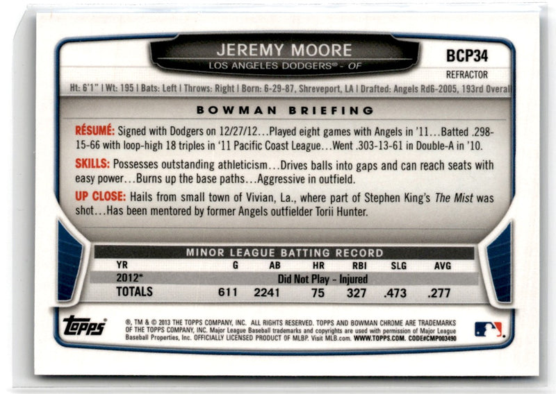 2013 Bowman Chrome Prospects Blue Wave Jeremy Moore