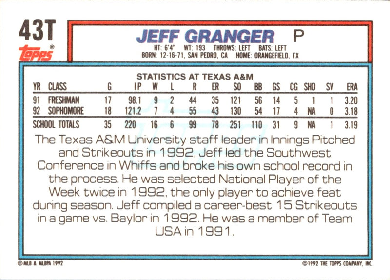 1992 Topps Traded Jeff Granger