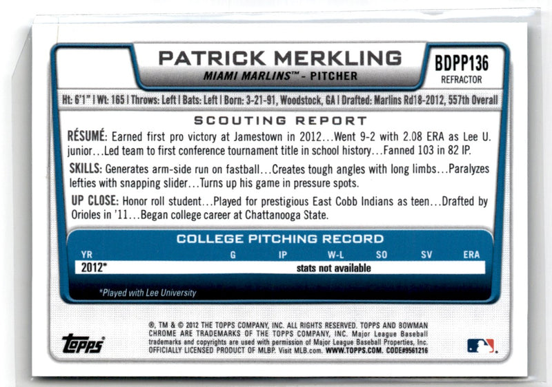 2012 Bowman Draft Picks & Prospects Chrome Patrick Merkling