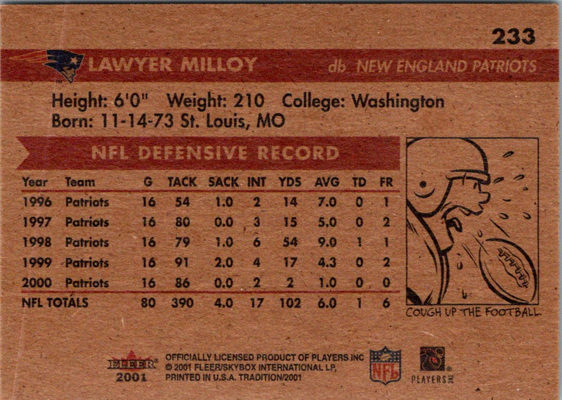 2001 Fleer Tradition Glossy Lawyer Milloy
