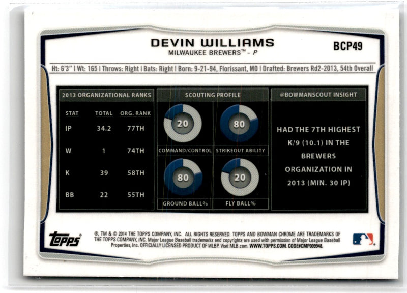 2014 Bowman Chrome Prospects Devin Williams