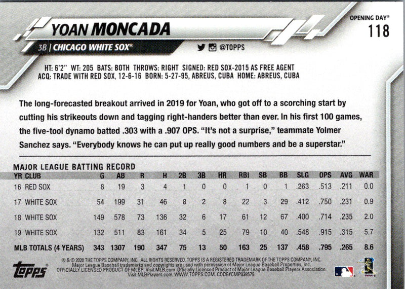 2020 Topps Opening Day Yoan Moncada