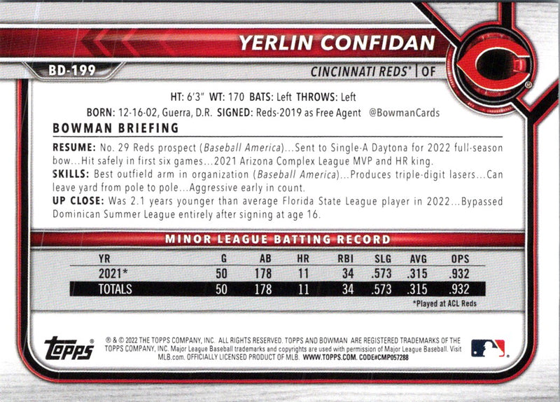 2022 Bowman Draft Baseball Yerlin Confidan