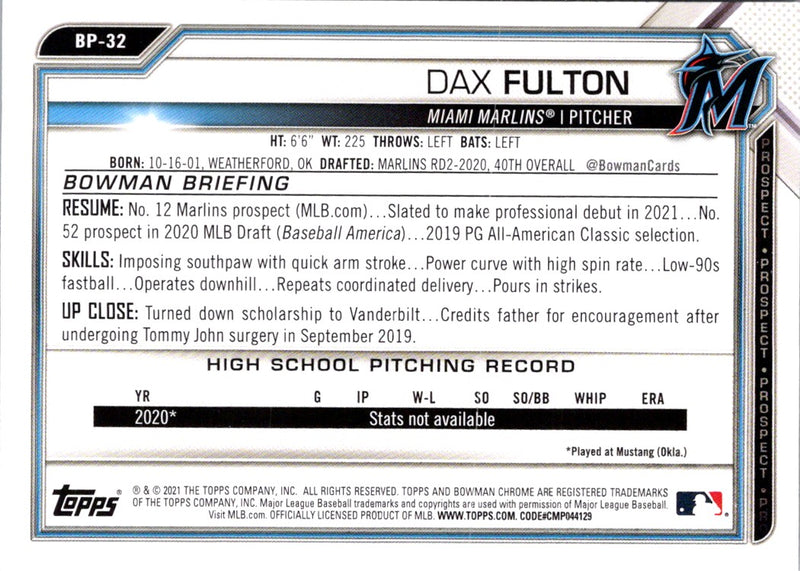 2021 Bowman Prospects Dax Fulton