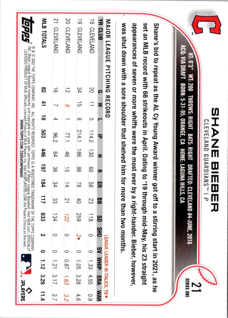 2022 Topps Shane Bieber