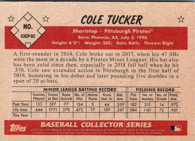 2019 Bowman Heritage Chrome Prospects Cole Tucker