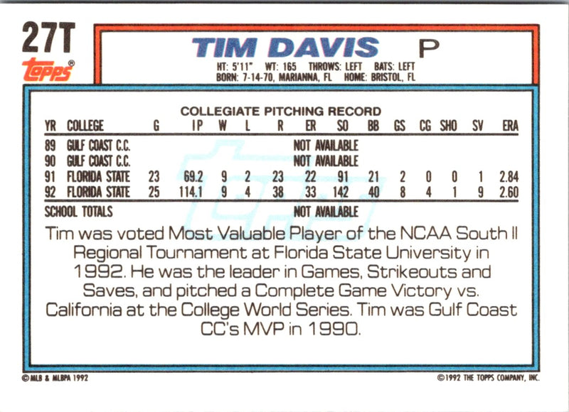 1992 Topps Traded Tim Davis