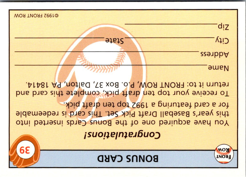 1992 Front Row Draft Picks Bonus Card