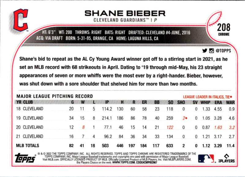 2022 Topps Chrome Shane Bieber