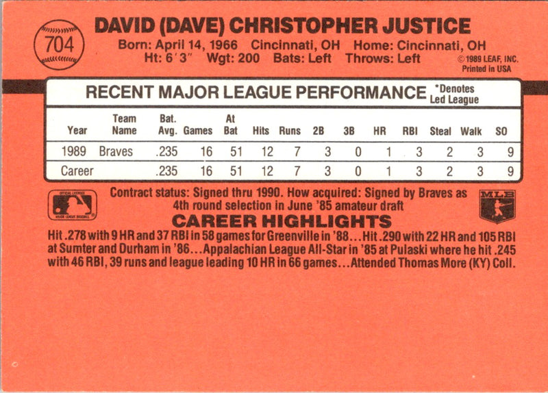 1990 Donruss Dave Justice