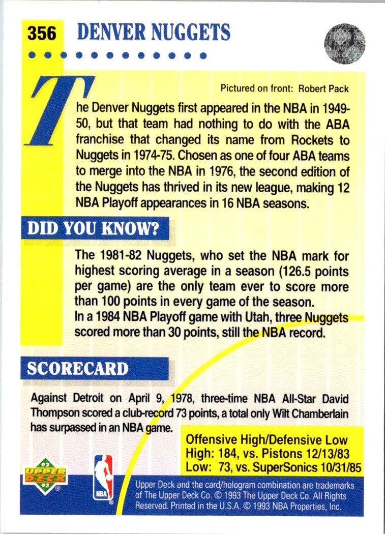 1992 Upper Deck Denver Nuggets