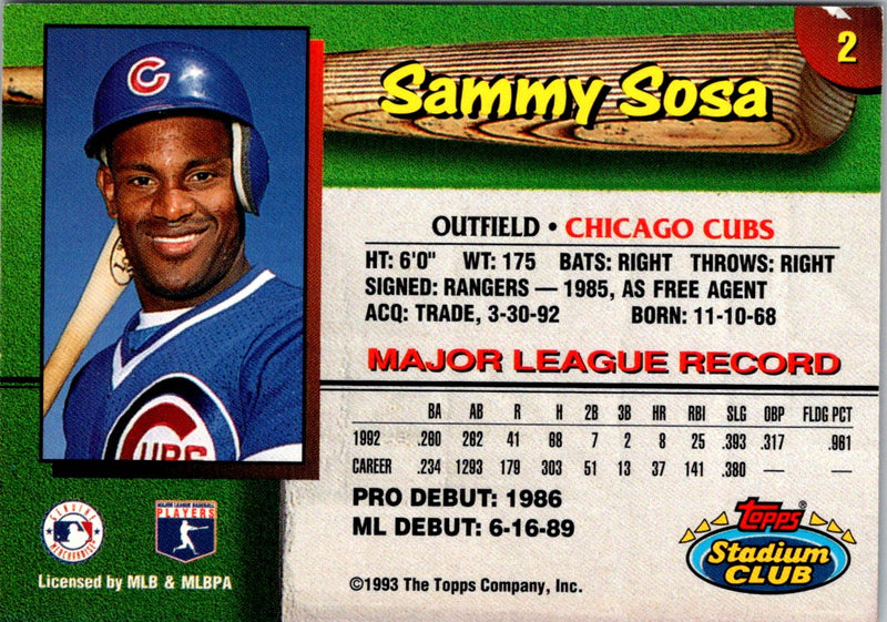 1993 Stadium Club Chicago Cubs Sammy Sosa