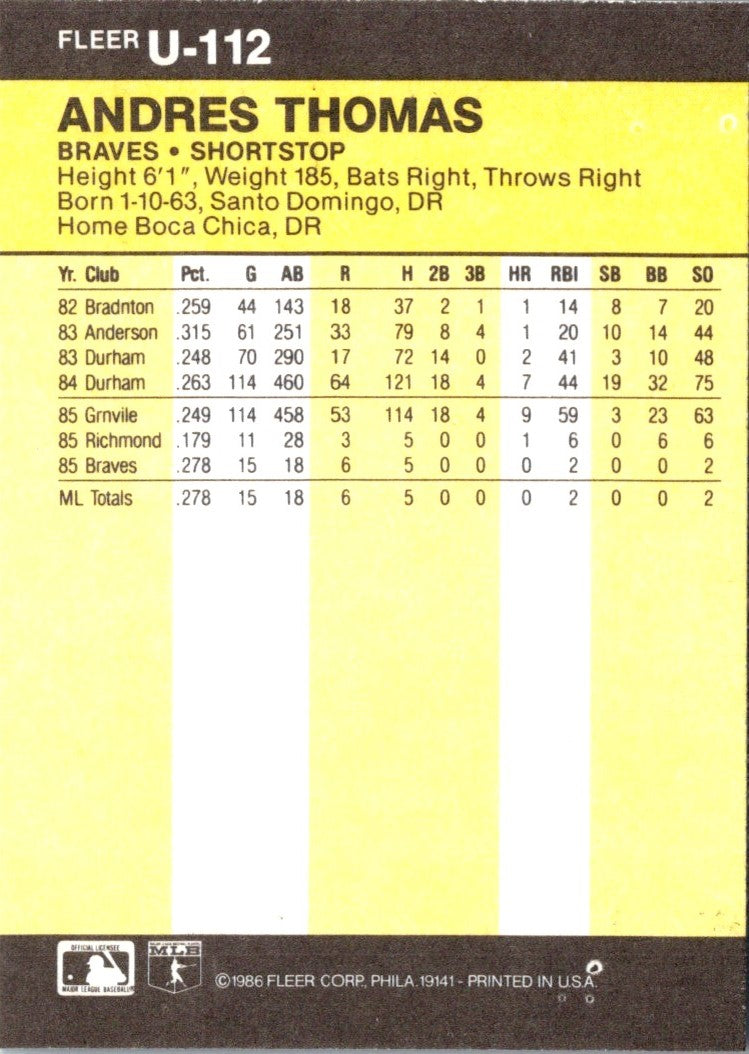 1986 Fleer Update Andres Thomas