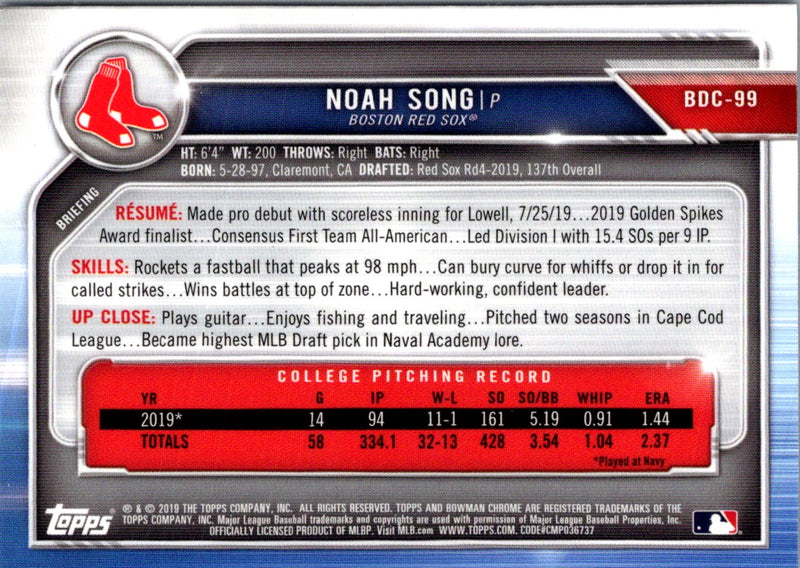 2019 Bowman Draft Chrome Noah Song