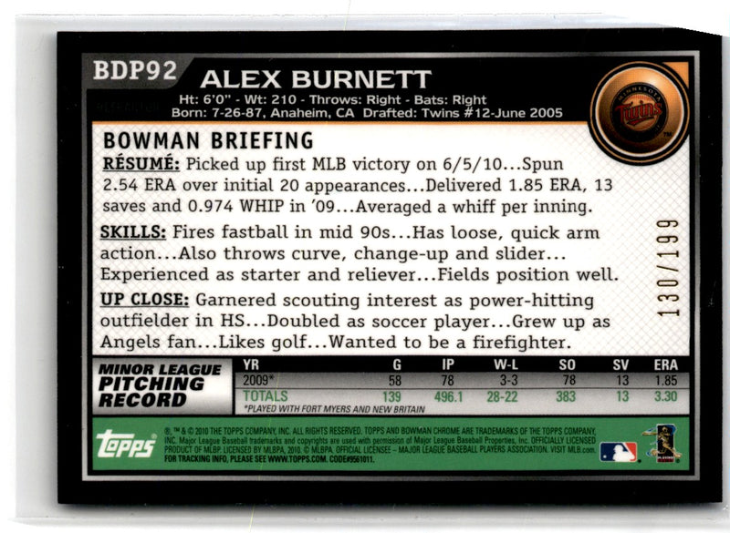 2010 Bowman Draft Picks & Prospects Chrome Blue Refractors Alex Burnett