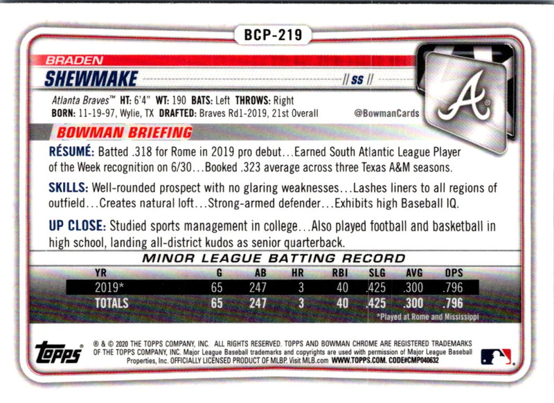 2020 Bowman Chrome Prospects Braden Shewmake