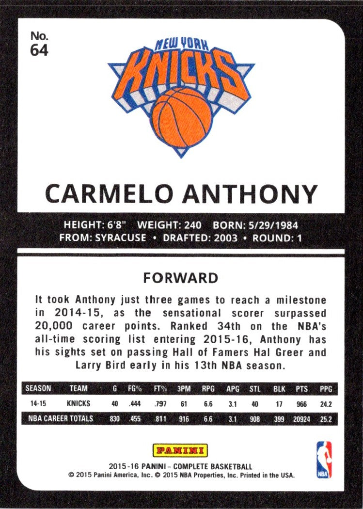 2015 Panini Complete Carmelo Anthony