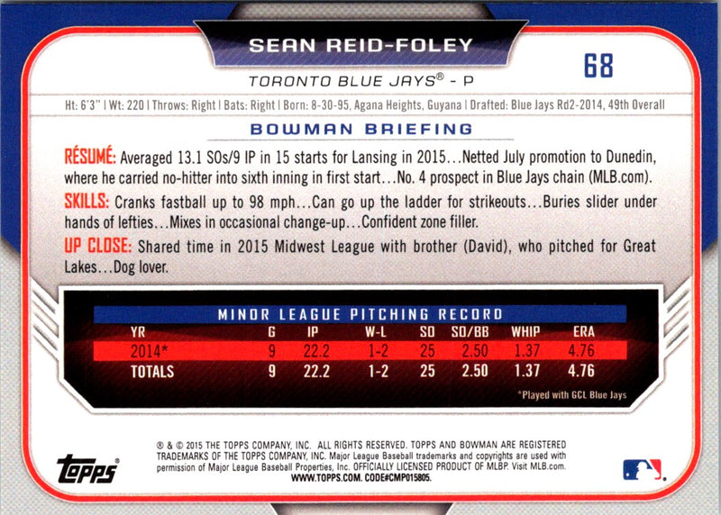 2015 Bowman Draft Picks & Prospects Red Asia Exclusive Sean Reid-Foley