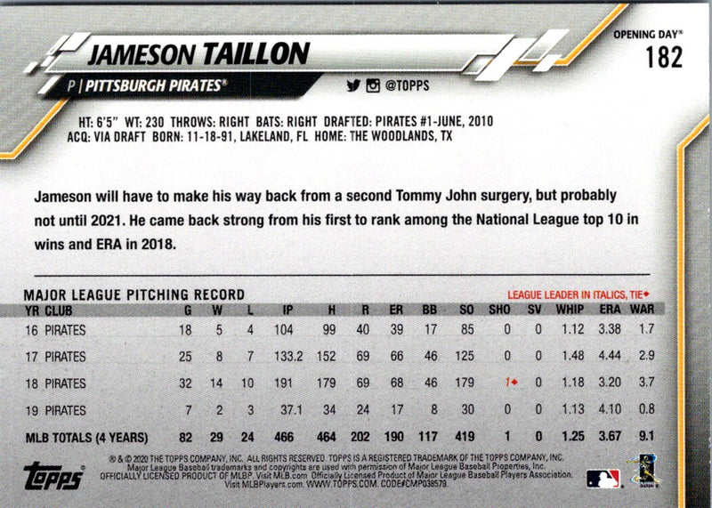 2020 Topps Opening Day Jameson Taillon