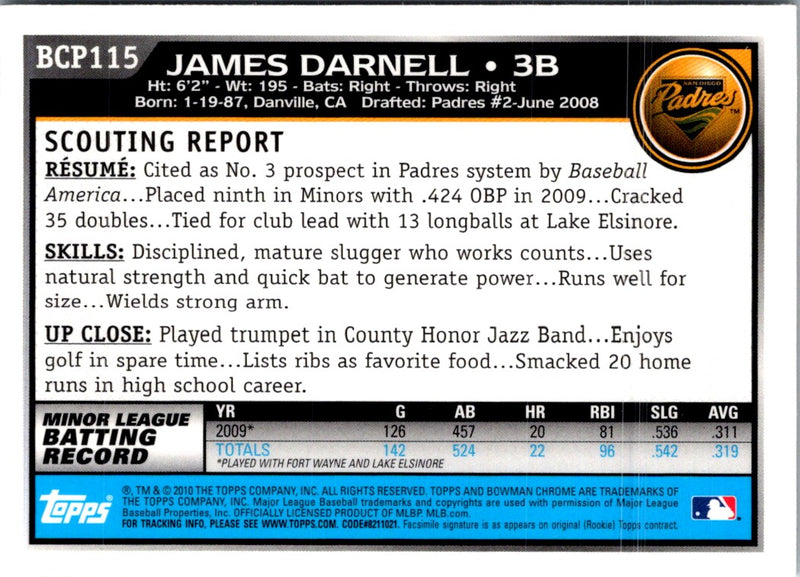 2010 Bowman Chrome Prospects James Darnell