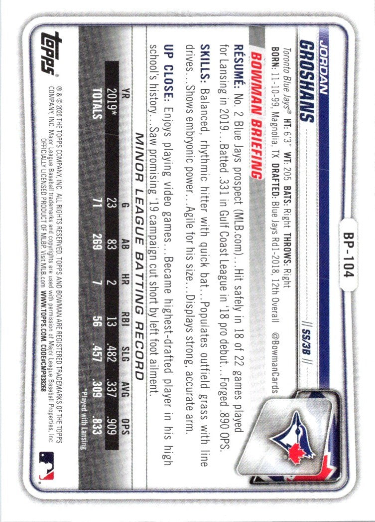 2020 Bowman Prospects Jordan Groshans