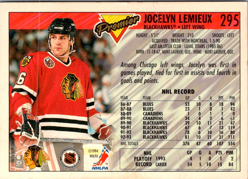 1993 Topps Premier Jocelyn Lemieux