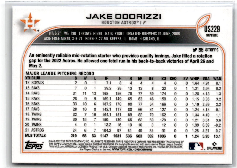 2022 Topps Chrome Update Sapphire Edition Jake Odorizzi