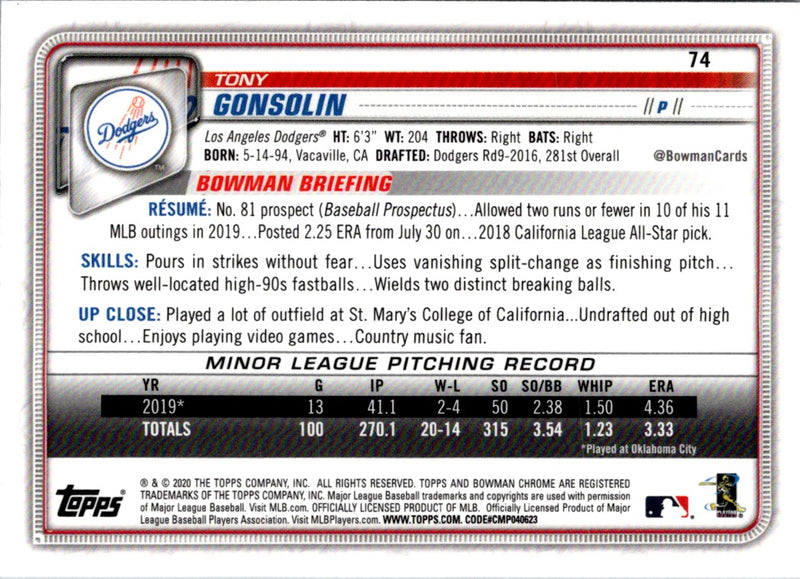 2020 Bowman Chrome Tony Gonsolin