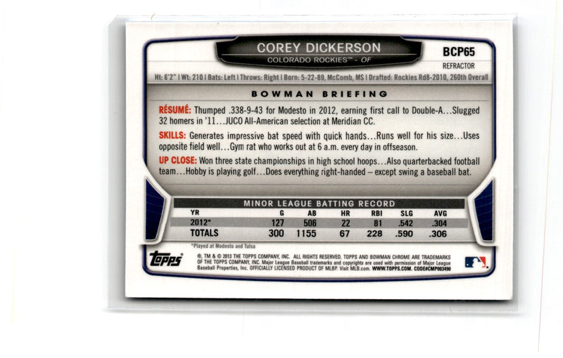 2013 Bowman Chrome Prospects Blue Wave Corey Dickerson