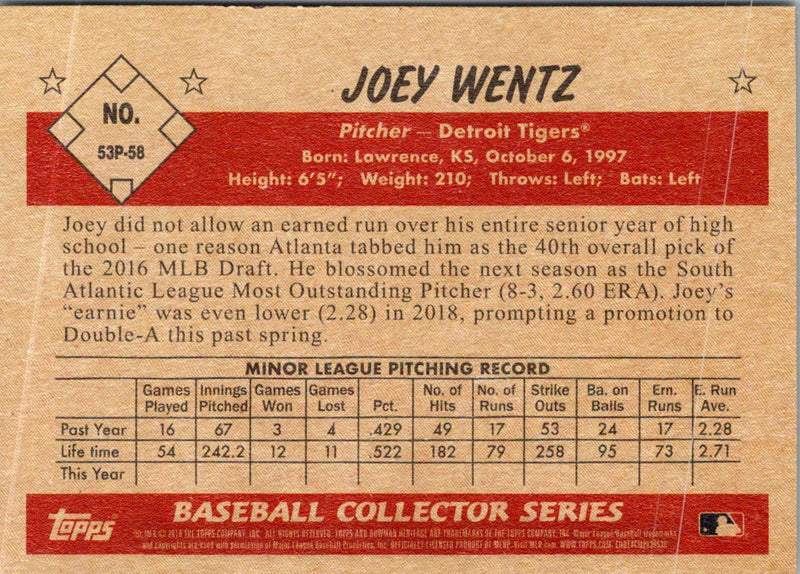 2019 Bowman Heritage Prospects Joey Wentz