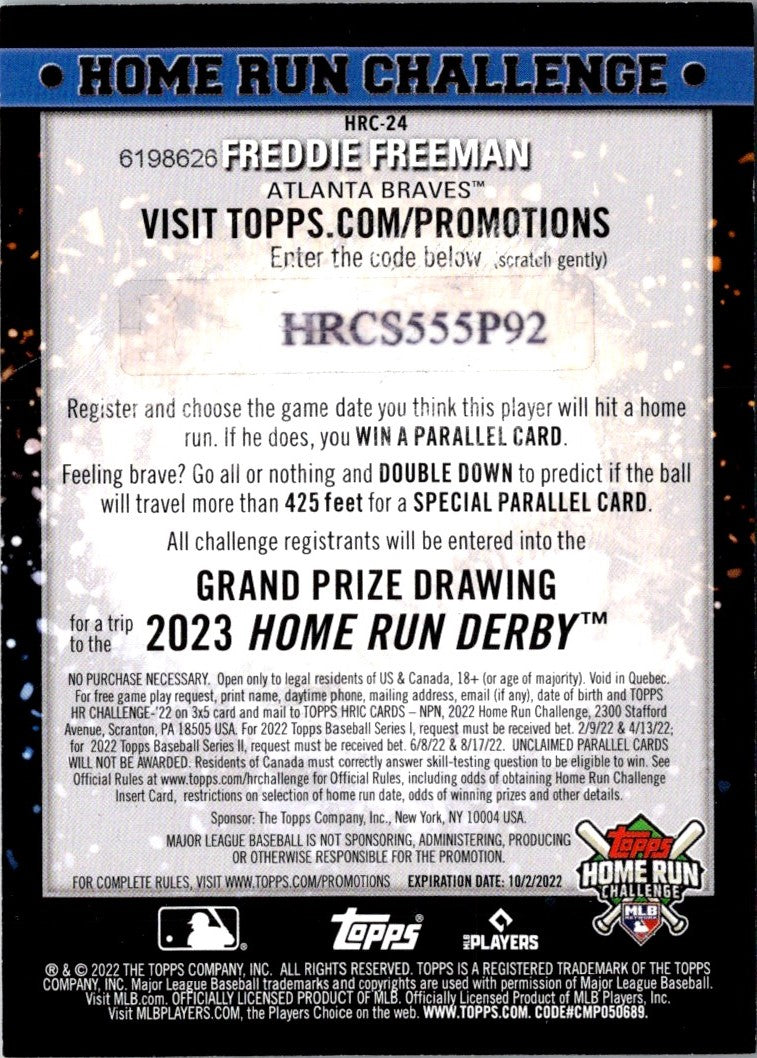 2022 Topps Home Run Challenge Code Cards Freddie Freeman