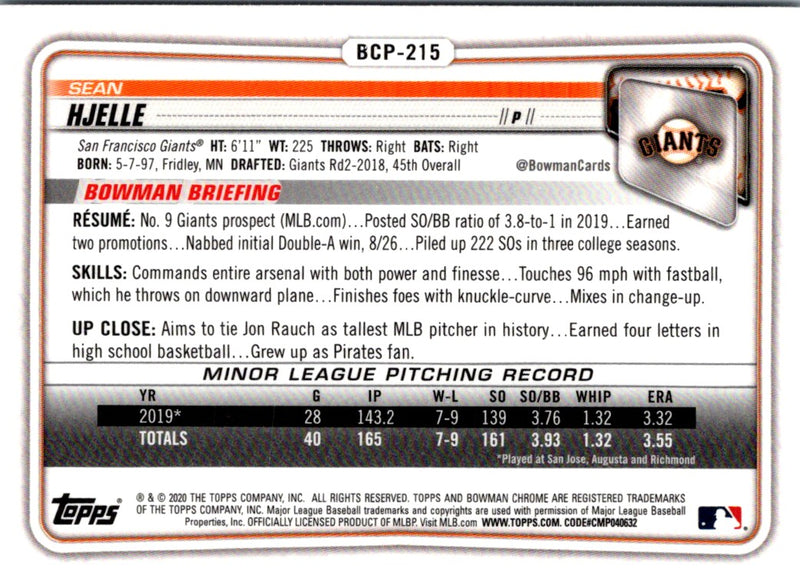 2020 Bowman Chrome Prospects Sean Hjelle