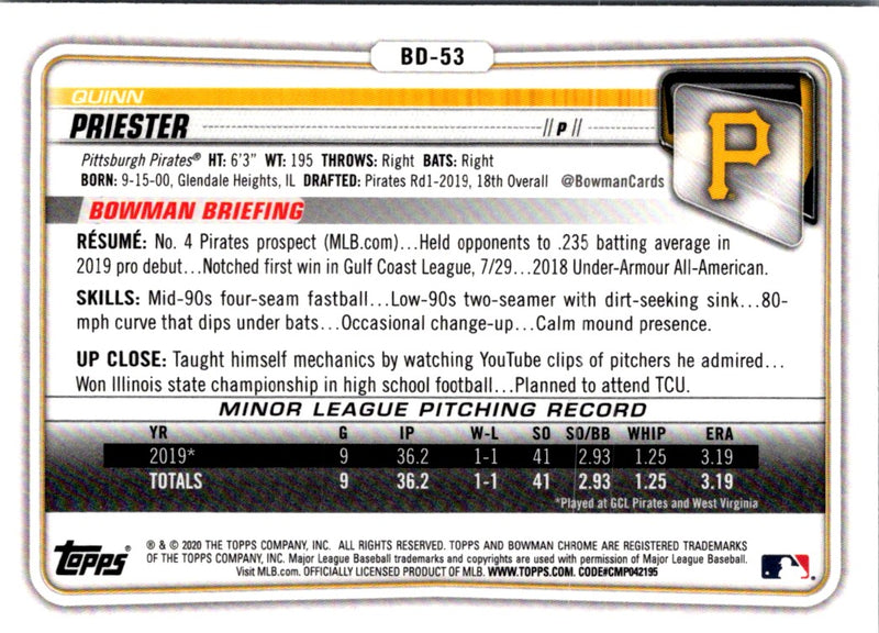 2020 Bowman Draft Chrome Quinn Priester