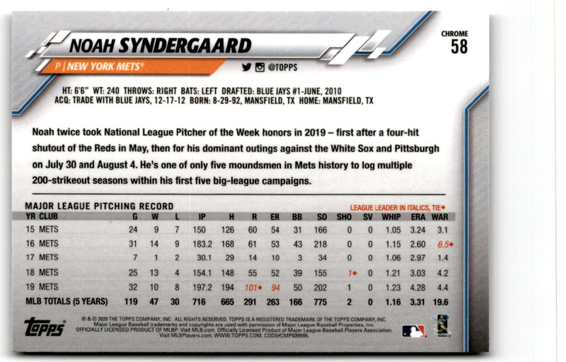 2020 Topps Chrome Noah Syndergaard